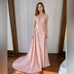 Blush Pink Satin Halter Gown Corset Back Train Prom Wedding Formal Size 4